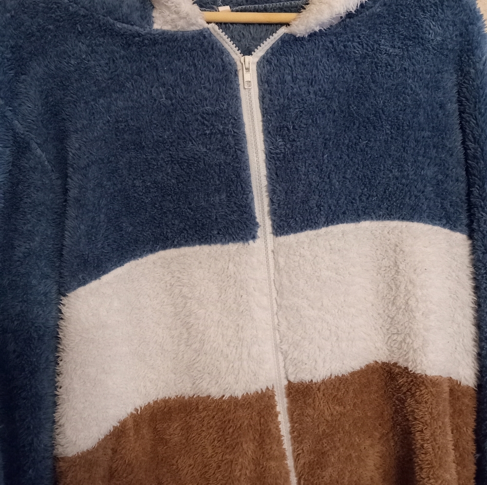 Women's plush color block brown hoodie jacket - Picture 4 of 5